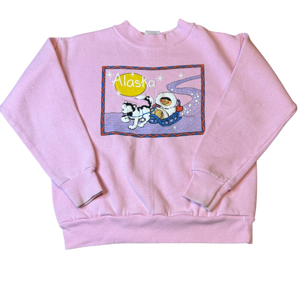 Vintage 80s PMI Kids Alaska Sweatshirt Pullover Crewneck Pink Husky Size‎ 10-12
